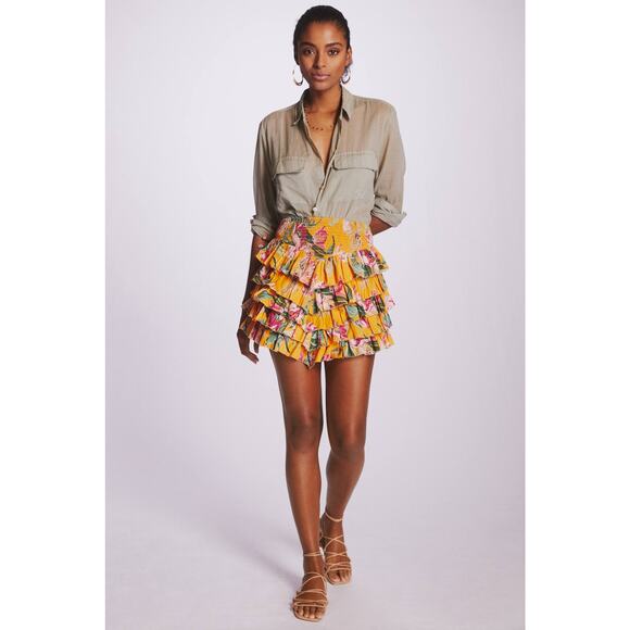 New Anthropologie LOVE THE LABEL Tiered Floral Mini Skirt $110  MEDIUM Yellow - Picture 2 of 4